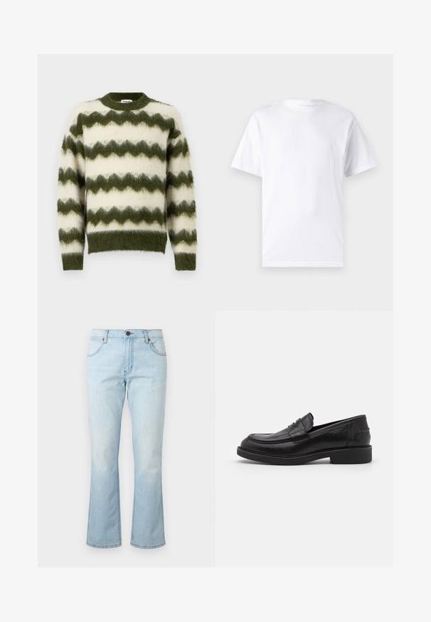 Jersey de rayas en zigzag verde y blanco, hecho de un material suave y esponjoso, con un cuello redondo y puños acanalados.; Camiseta blanca de manga corta hecha de algodón con cuello redondo, que presenta una textura suave y un diseño simple sin patrones ni acentos.; Vaqueros de mezclilla azul claro con cintura de talle medio, cierre de botón y cremallera, bolsillos delanteros y piernas ligeramente acampanadas.; Mocasines de cuero negro con puntera redondeada, costuras tonales y un detalle de tira en la parte frontal. Suela de goma con un tacón bajo.
