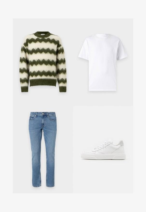 Groene en witte zigzag-gepatroneerde trui, gemaakt van zacht, fluffy materiaal met een ronde halslijn en geribde manchetten.; Witte T-shirt met korte mouwen, gemaakt van katoen, met een ronde hals. Het heeft een gladde textuur en een eenvoudig ontwerp zonder patronen of accenten.; Blauwe rechte spijkerbroek met voorzakken, riemlussen en een knopen sluiting.; Witte leren sneakers met een gladde afwerking, ronde neus, platte veters en een gestructureerde zool. Grijze suède accent bij de hiel.
