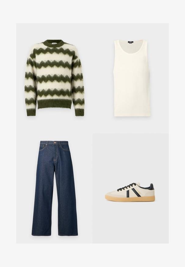 Jersey de rayas en zigzag verde y blanco, hecho de un material suave y esponjoso, con un cuello redondo y puños acanalados.; Camiseta sin mangas blanca de algodón con textura acanalada, escote redondeado y sin mangas. Presenta una pequeña etiqueta con el logo en la parte inferior izquierda.; Jeans de pierna ancha hechos de mezclilla oscura con costuras naranjas, con cinco bolsillos, cierre frontal de botones y una silueta recta.; Zapatillas casuales en crema con rayas negras, con parte superior texturizada y suela de goma. Los cordones son negros. Logo sutil en el costado.