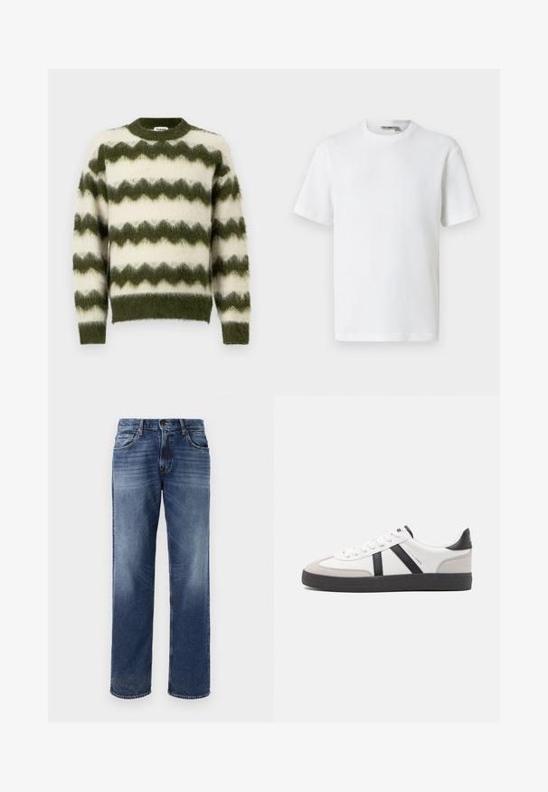 Jersey de rayas en zigzag verde y blanco, hecho de un material suave y esponjoso, con un cuello redondo y puños acanalados.; Camiseta blanca de manga corta con cuello redondo y tejido de waffle, con una pequeña etiqueta de la marca en el interior del cuello, mostrada sobre un fondo liso.; Jeans de hombre en denim azul con diseño de pierna recta, ligero desgaste, cinco bolsillos y cierre de botón.; Zapatilla blanca con acentos en negro y gris, que presenta una puntera texturizada en gris, suela de goma negra y cordones planos blancos. Diseño limpio, estilo minimalista.