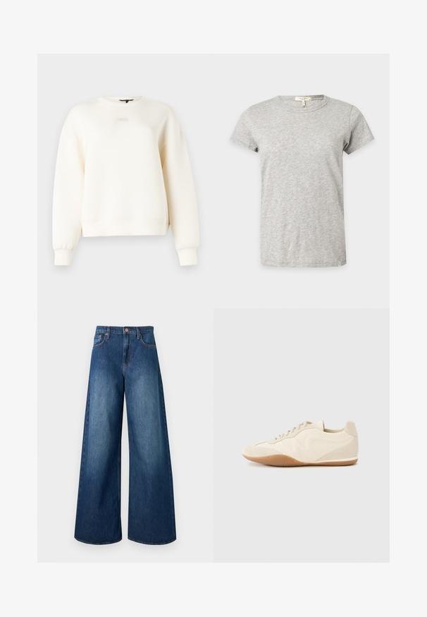 Sweat-shirt couleur crème en tissu doux, avec un col rond, des épaules tombantes et des détails simples cousus sur les poignets et l'ourlet.; T-shirt gris clair à manches courtes et col rond avec un motif chiné subtil affiché sur un fond uni.; Jean en denim bleu foncé taille haute, jambes larges, cinq poches, passants pour ceinture et fermeture par bouton en cuivre.; Baskets beige clair avec une tige en cuir texturé, des panneaux latéraux texturés et une semelle en caoutchouc. Dotées d'un design fin et épuré ainsi que de lacets plats.