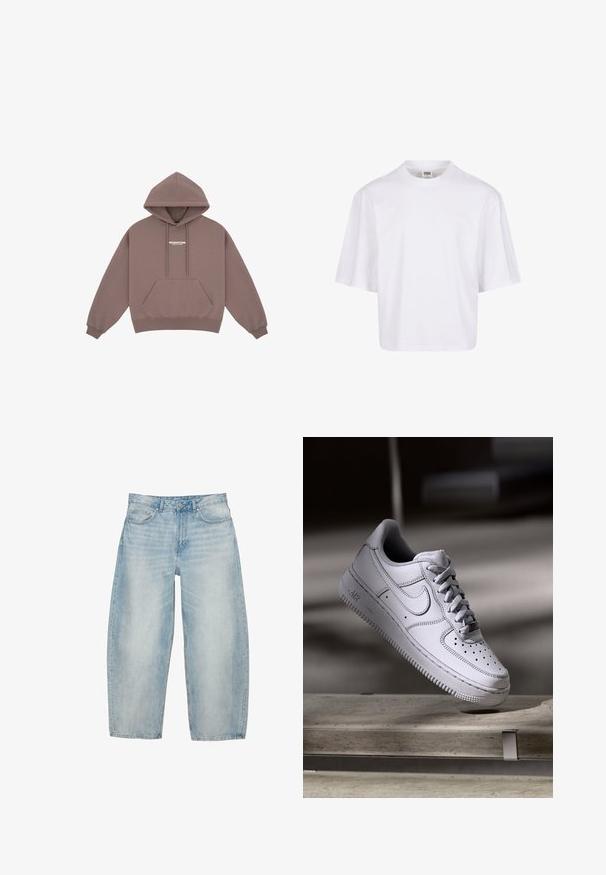 Hoodie in gedämpftem Braun mit Kängurutasche, Kapuze mit Kordelzug und kleinem weißen Logo auf der Brust. Weicher Stoff.; Weißes Kurzarm-T-Shirt mit Rundhalsausschnitt und lockerer Passform, gefertigt aus einem glatten Baumwollmischgewebe. Keine Muster oder Verzierungen.; Hellblaue Jeans mit weitem Bein, vorn Taschen, Gürtelschlaufen und Knopfverschluss.; Weißer Nike Air Force 1 Sneaker aus Leder mit perforierter Zehenpartie, flachen Schnürsenkeln und strukturierter Gummisohle mit "AIR"-Branding an der Seite.