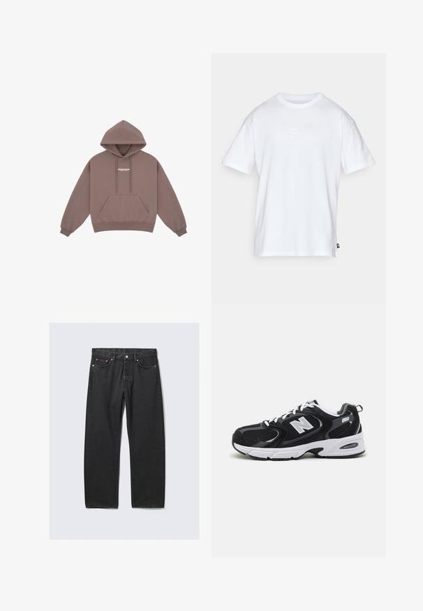 Hoodie in gedämpftem Braun mit Kängurutasche, Kapuze mit Kordelzug und kleinem weißen Logo auf der Brust. Weicher Stoff.; Weißes Baumwoll-T-Shirt mit kurzen Ärmeln und Rundhalsausschnitt. Verfügt über ein kleines, dezentes Nike-Logo auf der Brust und ein seitliches Etikett.; Schwarze Jeans mit geradem Bein, fünf Taschen und Knopfverschluss an der Taille, flach auf hellem Hintergrund liegend.; Schwarze und graue Sportschuhe mit Obermaterial aus Mesh und Wildleder, ausgestattet mit einer weißen Zwischensohle, Schnürsenkeln und einem markanten "N"-Logo an der Seite.
