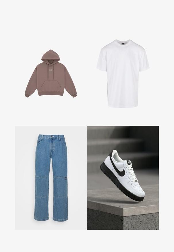Hoodie in gedämpftem Braun mit Kängurutasche, Kapuze mit Kordelzug und kleinem weißen Logo auf der Brust. Weicher Stoff.; Weißes Baumwoll-T-Shirt mit kurzen Ärmeln, rundem Ausschnitt, lockerer Passform und geradem Saum. Keine sichtbaren Muster oder Akzente.; Helle blaue Jeans aus Denim mit lockerer Passform, ausgestattet mit Patchwork-Einsätzen, Knopfverschluss, Fünf-Taschen-Design und dezentem Branding am Bein.; Weißer Ledersneaker mit schwarzen Akzenten, abgerundetem Zehenbereich und perforierten Details. Schwarze Gummisohle mit strukturiertem Muster und Schnürverschluss.
