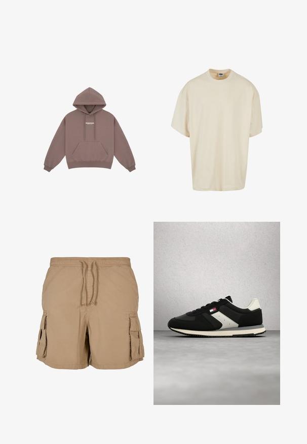 Hoodie in gedämpftem Braun mit Kängurutasche, Kapuze mit Kordelzug und kleinem weißen Logo auf der Brust. Weicher Stoff.; Cremefarbenes Kurzarm-T-Shirt mit lockerer Passform und rundem Halsausschnitt; aus weichem Baumwollstoff gefertigt und mit dezenten Nähdetails versehen.; Beige Cargo-Shorts aus leichtem Stoff mit einem Kordelzugbund, zwei Seitentaschen und zwei Cargo-Taschen. Einfaches, funktionales Design.; Schwarz-weißer Sneaker mit Schnürdesign und strukturierter Sohle, schwebend vor einem modernen, gekachelten Hintergrund dargestellt.