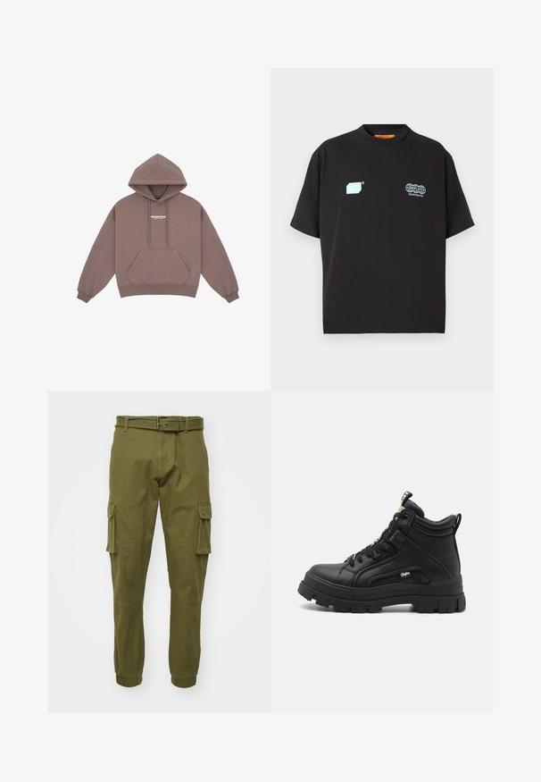 Hættebluse i dæmpet brun, med en kængurulomme, snørersnor i huen og et lille hvidt logo på brystet. Blød stofftekstur.; Sort T-shirt med korte ærmer med lyseblå geometriske mønstre og Replay Incorporated-logoer på brystet, rund halsudskæring og orange label inde i kraven.; Olivengrøn cargobukser lavet af bomuld, med en talje med bælte, sidelommer, elastiske manchetter og lige ben.; Sorte sneakers støvler lavet af tekstureret læder, med en tyk gummisål, snørebånd foran og en lille logo detalje på siden.