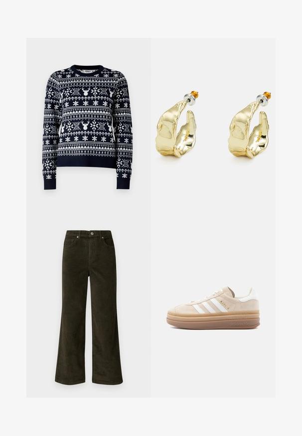 Pull en maille marine avec des flocons de neige blancs et des motifs de rennes, col rond, manches longues et ourlet côtelé.; Vero Moda Petite VMTESSA PANTS - Pantalon classique - forest night; Baskets en daim beige avec accents en cuir blanc, présentant trois rayures blanches, un logo doré et une semelle en caoutchouc épaisse et translucide.; Boucles d'oreilles dorées en forme de mains abstraites, avec une surface brillante, des détails complexes et un fermoir en argent et or pour un maintien sécurisé.