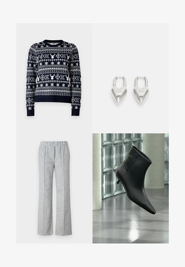 Suéter de punto azul marino con patrones de copos de nieve y renos en blanco, cuello redondo, mangas largas y ribete acanalado.; Pantalones grises de pierna ancha hechos de una tela texturizada; cuentan con una cinturilla elástica y detalles de pliegues en el frente. Diseño limpio y minimalista.; Botín negro de cuero con punta puntiaguda y tacón bajo estilo kitten, mostrado en ángulo sobre un suelo pulido y con una pared de bloques de vidrio de fondo.; Candados en forma de corazón de plata con inscripciones grabadas de "SÍ" y "NO", acabado pulido, diseño simétrico y un robusto cierre de metal.