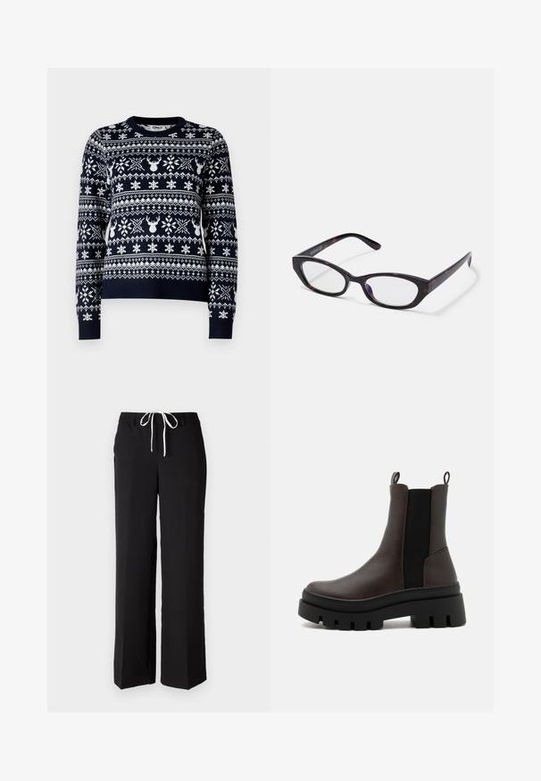 Suéter de punto azul marino con patrones de copos de nieve y renos en blanco, cuello redondo, mangas largas y ribete acanalado.; Pantalones de pierna ancha negros, confeccionados con una tela suave, que cuentan con una cintura con cordón en blanco. Diseño ajustado con bolsillos laterales.; Botas de cuero marrón hasta el tobillo con paneles laterales elásticos negros, una suela gruesa negra y tiradores en la parte trasera para facilitar su uso.; Gafas de estilo gato con un marco de plástico de carey oscuro brillante, con brazos curvados y lentes transparentes. Branding mínimo en el lateral.