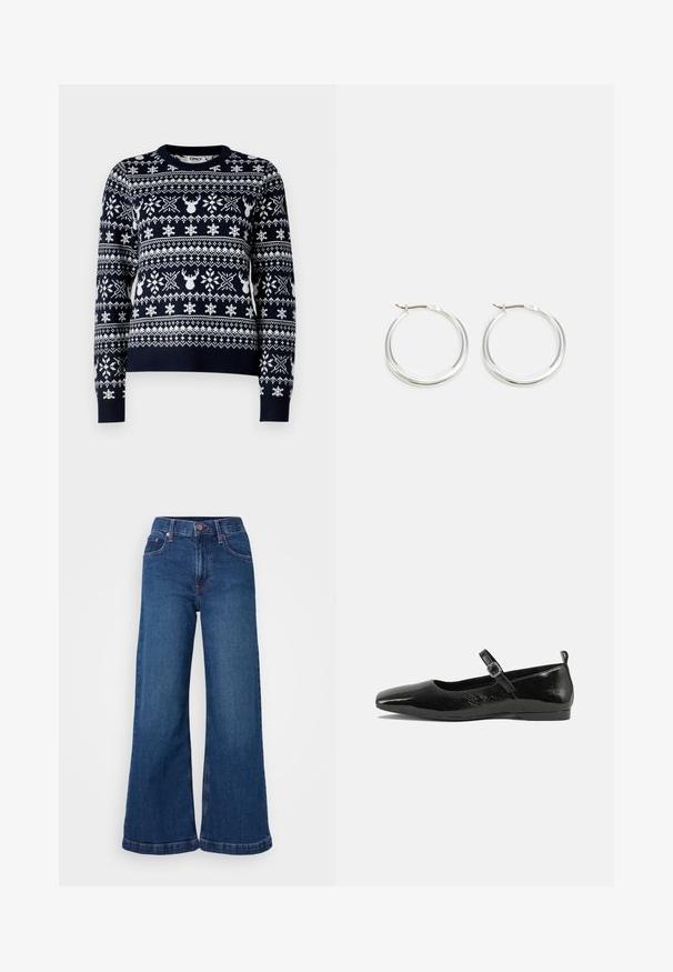 Pull en maille marine avec des flocons de neige blancs et des motifs de rennes, col rond, manches longues et ourlet côtelé.; Jean en denim à jambes larges, de couleur bleu foncé, avec une taille haute, un design à cinq poches et des ourlets retroussés. Texture lisse avec des détails de couture discrets.; Chaussure plate en cuir verni noir avec un bout pointu, une sangle de cheville avec boucles, et une texture lisse et brillante. Talon bas pour le confort.; Les boucles d'oreilles en argent en forme de créole présentent un design lisse et arrondi avec un profil fin et un fermoir sécurisé. Style minimaliste avec une finition polie.