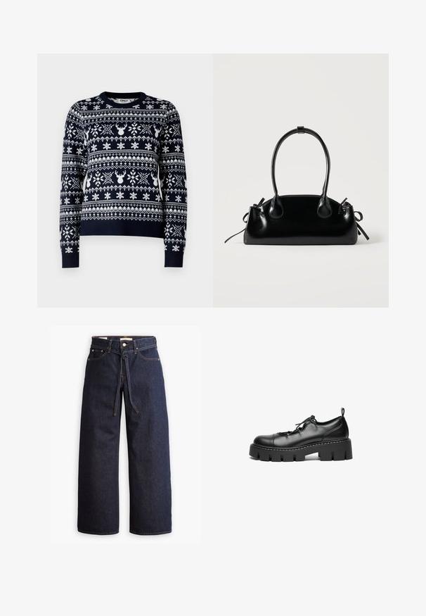 Marineblå striktrøje med hvide snefnug og rensdyrmønstre, rund halsudskæring, lange ærmer og ribkant.; Bredde ben mørkeblå denim jeans med høj talje, der har snoretræk, fem lommer og kontrastsyet detaljer.; Sorte læder snørebåndssko med rund tå, kraftig platåsål og dekorativ syning langs kanten.; Lille sort blank håndtaske med to lange håndtag og snøre-detaljer i siden på en ensfarvet lys baggrund.
