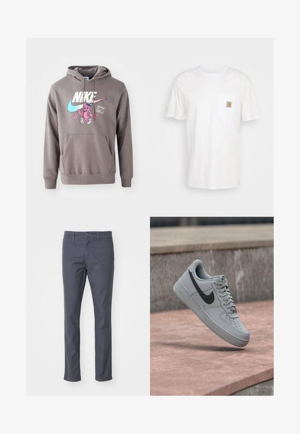 Grauer Hoodie mit einer Fronttasche, ausgestattet mit einem großen weißen Nike-Logo, einem pinken Charaktergrafik und hellblauen Akzenten. Weiches Material, verstellbare Kapuze.; Weißes Baumwoll-T-Shirt mit kurzen Ärmeln, einer Brusttasche und einem kleinen quadratischen Logopatch in Orange und Weiß auf der Tasche.; Dunkelgraue Chinos aus einem Baumwollmischgewebe. Mit Knopf- und Reißverschluss, Gürtelschlaufen und geradem Beinschnitt.; Grauer Nike Air Force 1 Sneaker mit schwarzem Swoosh-Logo, weißer Sohle und Schnürsenkeln, schwebend in der Luft über einer Betonfläche.