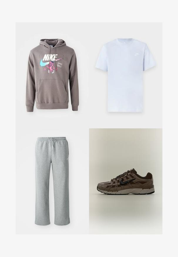 Grauer Hoodie mit einer Fronttasche, ausgestattet mit einem großen weißen Nike-Logo, einem pinken Charaktergrafik und hellblauen Akzenten. Weiches Material, verstellbare Kapuze.; Hellblaue Baumwoll-T-Shirt mit kurzen Ärmeln, Rundhalsausschnitt und einem weißen Nike-Logo, das auf der linken Brust gedruckt ist. Glatte Textur, schlichtes Design.; Graue Sweatpants aus Baumwolle mit elastischem Bund, Kordelzugverschluss und geraden Beinen. Verfügt über ein kleines Logo auf der oberen linken Seite.; Brauner und beiger Nike P-6000 Sneaker mit schwarzem Swoosh, seitlichen Mesh-Einsätzen und weißer gepolsterter Sohle auf neutralem Hintergrund.