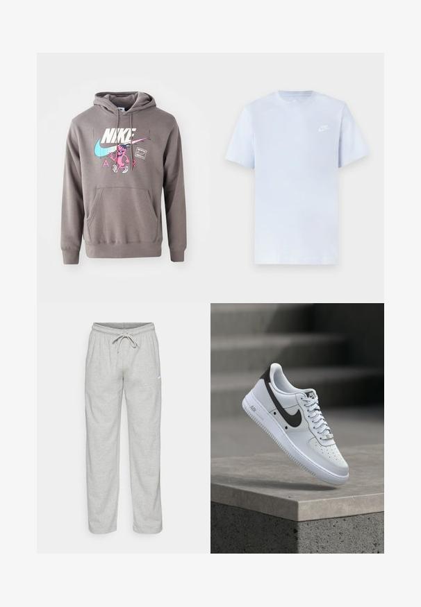 Hall koos taskuga hall kapuuts, millel on suur valge Nike logo, roosa tegelaskuju graafika ja helesinised aktsendid. Pehme materjal, reguleeritav kapuuts.; Hele sinine puuvillane t-särk lühikeste varrukatega, ümar kaelus ja valge Nike logo trükituna vasakul rinnal. Sile tekstuur, lihtne disain.; Heledad hallhallid, mis on valmistatud pehmest kangast. Omab elastset vöökohta, millel on nöör ja must Nike logo vasakul reitel.; Valge Nike Air Force 1 toss musta Swoosh logo jaotuses, hõljub betoonserva kohal, kus taustal on hägused trepid.