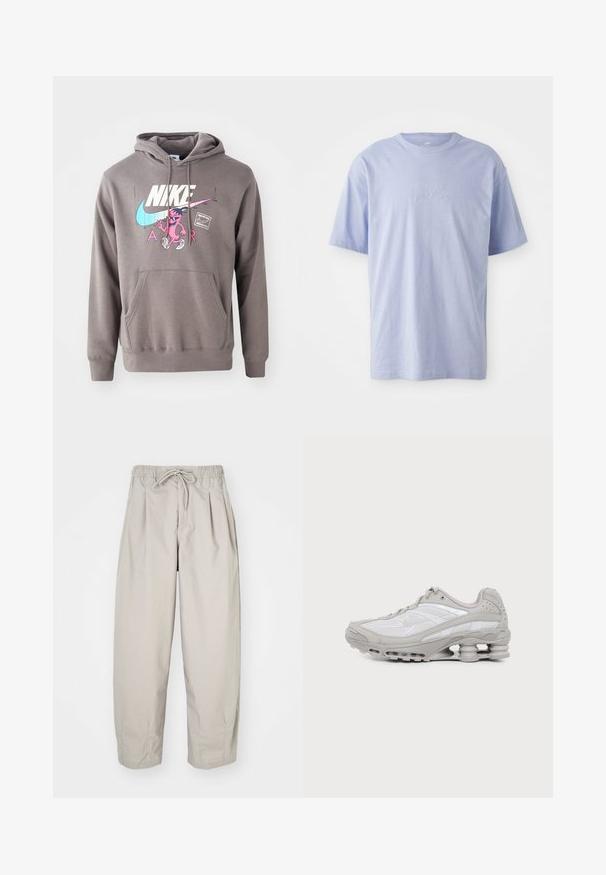 Grauer Hoodie mit einer Fronttasche, ausgestattet mit einem großen weißen Nike-Logo, einem pinken Charaktergrafik und hellblauen Akzenten. Weiches Material, verstellbare Kapuze.; Hellblaues Baumwoll-T-Shirt mit Rundhalsausschnitt und kurzen Ärmeln. Mit einem geprägten "Nike"-Logo auf der Vorderseite in der Mitte. Weicher Stoff.; Beige, leichte Hose mit elastischem Bund und Zugband. Sie verfügt über Falten und eine lockere Passform, gefertigt aus weichem, glattem Stoff.; Grauer und weißer Sportschuh mit sichtbarer Luftpolstersohle und Mesh-Einsätzen, im Profil auf einfachem hellem Hintergrund gezeigt.