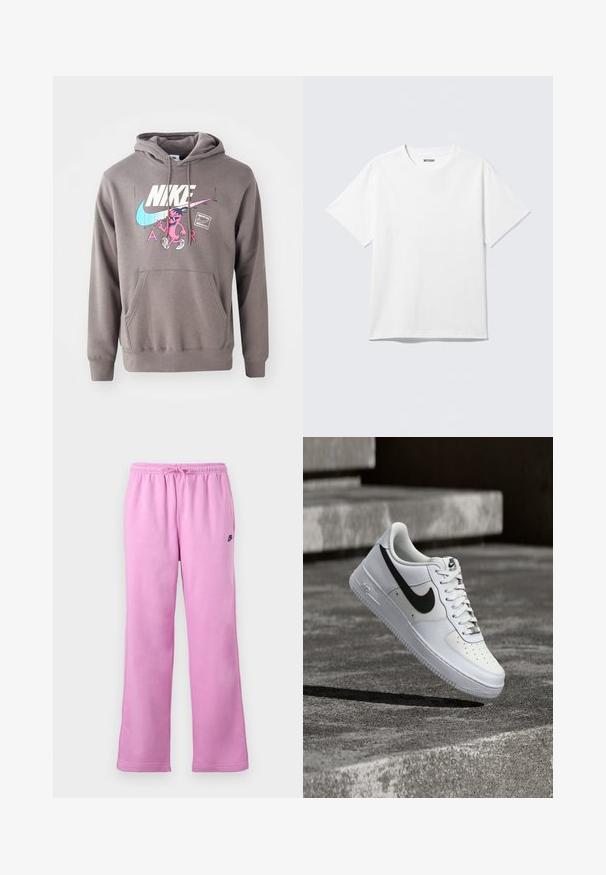 Grauer Hoodie mit einer Fronttasche, ausgestattet mit einem großen weißen Nike-Logo, einem pinken Charaktergrafik und hellblauen Akzenten. Weiches Material, verstellbare Kapuze.; Weißes T-Shirt mit kurzen Ärmeln und Rundhalsausschnitt, flach liegend, schlichtes Design, mit „WEEKDAY“-Etikett innen im Kragen auf hellem Hintergrund.; Rosa Nike-Sweatpants mit elastischem Bund und Kordelzug, gerader Beinverlauf und kleinem schwarzen Nike-Logo auf dem linken Oberschenkel.; Weißer Nike Air Force 1 Sneaker mit schwarzem Swoosh, geschnürten Schnürsenkeln, schwebend in der Luft über einer strukturierten Betonoberfläche im Freien.
