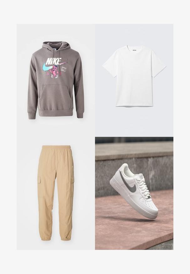 Grauer Hoodie mit einer Fronttasche, ausgestattet mit einem großen weißen Nike-Logo, einem pinken Charaktergrafik und hellblauen Akzenten. Weiches Material, verstellbare Kapuze.; Weißes T-Shirt mit kurzen Ärmeln und Rundhalsausschnitt, flach liegend, schlichtes Design, mit „WEEKDAY“-Etikett innen im Kragen auf hellem Hintergrund.; Beige Cargo-Hosen aus leichtem Stoff, mit einem elastischen Bund, zwei Seitentaschen und elastischen Bündchen an den Knöcheln.; Weißer Nike Air Force 1 Sneaker mit grauem Swoosh-Logo, der über einer Steinoberfläche und einem grauen Steinwandhintergrund schwebt.