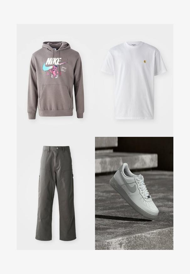 Hall koos taskuga hall kapuuts, millel on suur valge Nike logo, roosa tegelaskuju graafika ja helesinised aktsendid. Pehme materjal, reguleeritav kapuuts.; Valge puuvillane t-särk lühikeste varrukatega, ümmargune kaelus, millel on väike kuldne logo vasakul rinnal. Pehme tekstuur ja regulaarne lõike.; Hallide hallhargid, sirge jala disainiga, millel on kaks eesmist taskut ja täiendavad küljetaskud hoidmiseks. Valmistatud vastupidavast kangast.; Valge Nike Air Force 1 tossujalg õhus tekstureeritud betoonpinna kohal, taustal kivist trepiastmed.