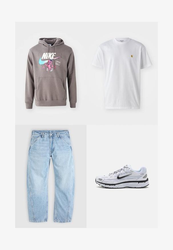 Grauer Hoodie mit einer Fronttasche, ausgestattet mit einem großen weißen Nike-Logo, einem pinken Charaktergrafik und hellblauen Akzenten. Weiches Material, verstellbare Kapuze.; Weißes Baumwoll-T-Shirt mit kurzen Ärmeln, Rundhalsausschnitt, mit einem kleinen goldenen Logo im linken Brustbereich. Weicher Stoff und normale Passform.; Hellblaue Jeans aus Denim mit entspannter Passform, vorderem Knopf- und Reißverschluss, schrägen Vordertaschen und Gürtelschlaufen.; Weißer Laufschuh mit Obermaterial aus Mesh, abgerundetem Zeh, schwarzen Akzenten und gemusterter Sohle. Verfügt über Schnürung und Branding an der Seite.
