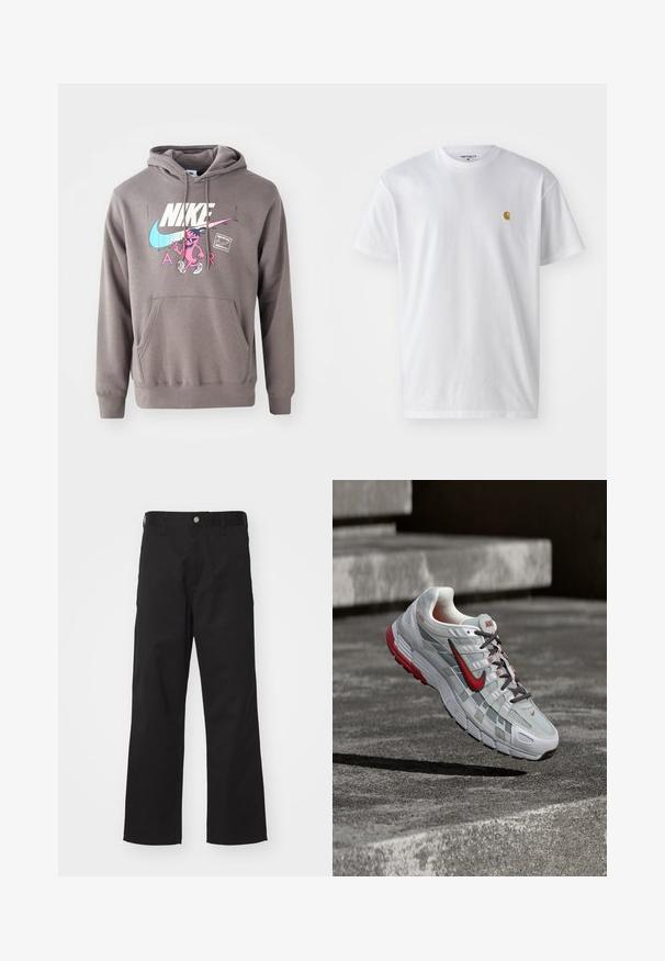 Grauer Hoodie mit einer Fronttasche, ausgestattet mit einem großen weißen Nike-Logo, einem pinken Charaktergrafik und hellblauen Akzenten. Weiches Material, verstellbare Kapuze.; Weißes Baumwoll-T-Shirt mit kurzen Ärmeln, Rundhalsausschnitt, mit einem kleinen goldenen Logo im linken Brustbereich. Weicher Stoff und normale Passform.; Schwarze Hose aus strapazierfähigem Material mit geradem Schnitt, ausgestattet mit einem vorderen Knopfverschluss, Gürtelschlaufen und ohne sichtbare Muster oder Akzente.; Weißer und grauer Nike-Laufschuh mit roten Akzenten und schwarzen Schnürsenkeln, schwebend über grauen Betonstufen.