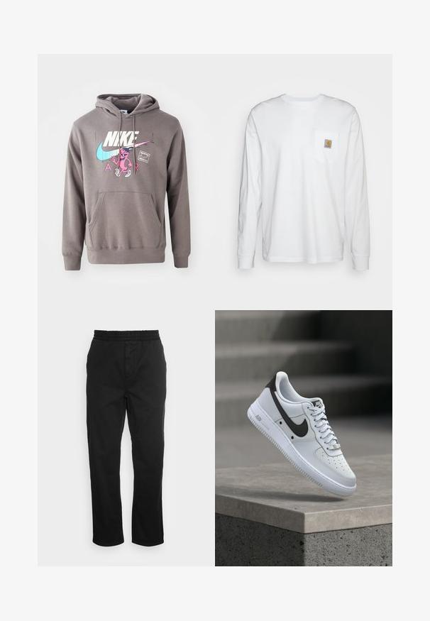 Grauer Hoodie mit einer Fronttasche, ausgestattet mit einem großen weißen Nike-Logo, einem pinken Charaktergrafik und hellblauen Akzenten. Weiches Material, verstellbare Kapuze.; Langärmliges, weißes Hemd aus Baumwolle mit einer Brusttasche und einem quadratischen Logopatch. Einfaches Design mit rundem Ausschnitt und gefütterten Ärmeln.; Schwarze Baumwollhose mit elastischem Bund, geraden Beinen und seitlichen Taschen. Glatte Textur ohne Muster oder Akzente.; Weißer Nike Air Force 1 Sneaker mit schwarzem Swoosh-Logo, der über einer Betonvorsprung mit unscharfen Treppen im Hintergrund schwebt.