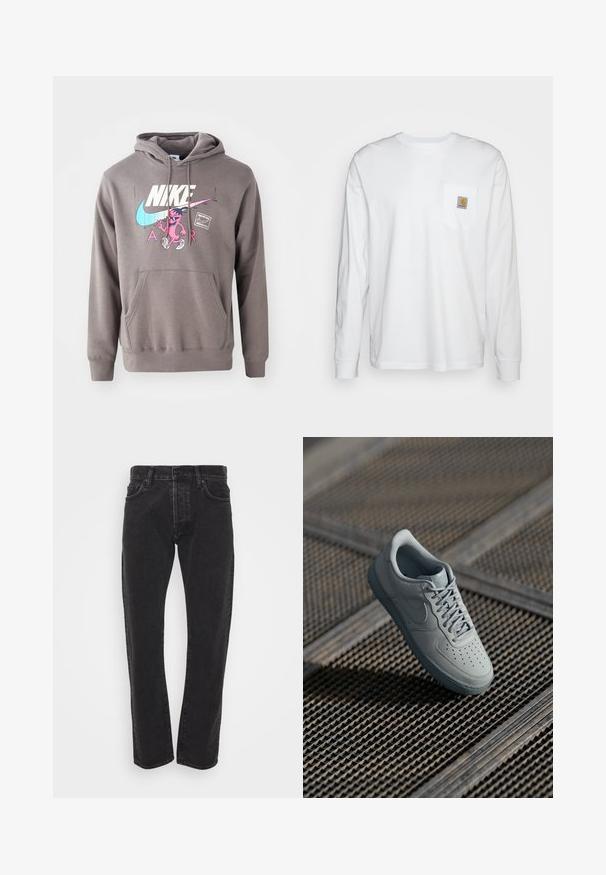 Grauer Hoodie mit einer Fronttasche, ausgestattet mit einem großen weißen Nike-Logo, einem pinken Charaktergrafik und hellblauen Akzenten. Weiches Material, verstellbare Kapuze.; Langärmliges, weißes Hemd aus Baumwolle mit einer Brusttasche und einem quadratischen Logopatch. Einfaches Design mit rundem Ausschnitt und gefütterten Ärmeln.; Schwarze gerade geschnittene Jeans für Herren mit vorderem Knopf und Reißverschluss, fünf Taschen und Gürtelschlaufen auf einem schlichten weißen Hintergrund.; Graue Ledersneaker mit perforierter Zehenpartie, flachen Schnürsenkeln, gepolstertem Schaft und strukturiertem Gummisohle. Verfügt über ein dezentes Branding-Detail.
