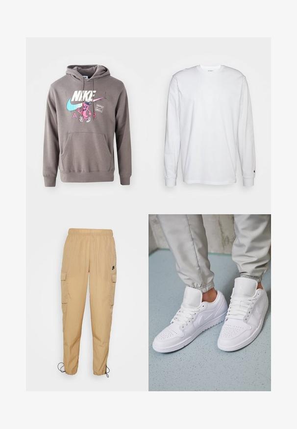 Sudadera gris con un bolsillo frontal, que presenta un gran logo blanco de Nike, un gráfico de un personaje en rosa y acentos en azul claro. Material suave, capucha ajustable.; Camiseta blanca de manga larga hecha de algodón. Diseño de cuello redondo con puños acanalados y un pequeño logo en la manga izquierda. Textura suave.; Nike Sportswear Pantalones cargo - hemp/black; Las zapatillas deportivas de cuero blanco cuentan con una caja de dedos perforada, cordones planos, un cuello acolchado y el logo de Jordan en la lengüeta. Las llevan puestas con pantalones joggers grises.