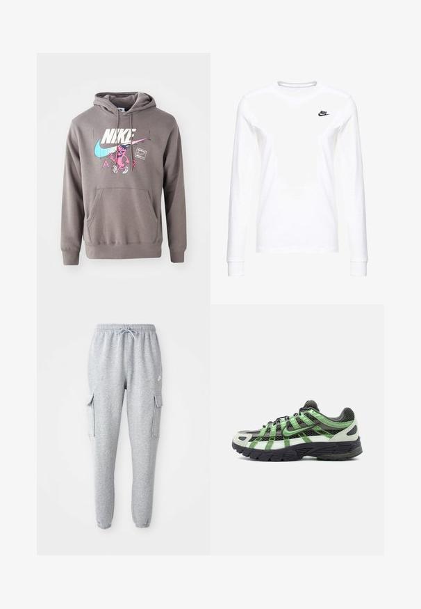 Hall koos taskuga hall kapuuts, millel on suur valge Nike logo, roosa tegelaskuju graafika ja helesinised aktsendid. Pehme materjal, reguleeritav kapuuts.; Valge pikkade varrukatega T-särk, mis on valmistatud puuvillast, vasakul rinnal on väike must Nike logo ja ümar kaelus. Sile tekstuur.; Hallid hallid dressipüksid, mis on valmistatud pehmest kangast ja millel on elastne vöökoht koos nööridega, kaks külgset kottide taskut ja kitsenevad sääred.; Mustvalge jooksujalats roheliste rõhutustega, võrgust ülaosaga ja paksu musta taldiga, nähtav külgvaates valgel taustal.