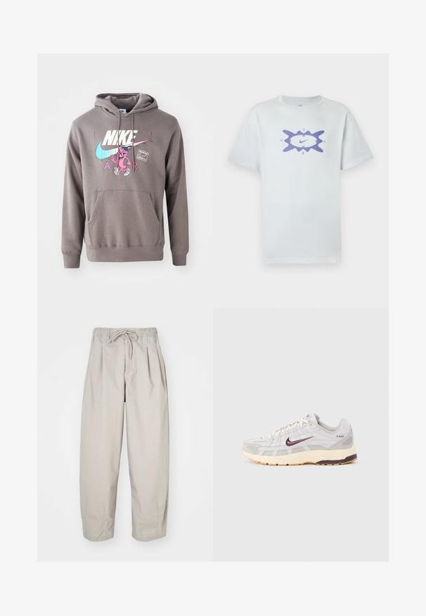 Grauer Hoodie mit einer Fronttasche, ausgestattet mit einem großen weißen Nike-Logo, einem pinken Charaktergrafik und hellblauen Akzenten. Weiches Material, verstellbare Kapuze.; Weißes Baumwoll-T-Shirt mit lockerem Schnitt, in der Mitte mit einem lila Grafikdesign versehen, umgeben von einer wellenförmigen Umrandung. Kurze Ärmel.; Beige, leichte Hose mit elastischem Bund und Zugband. Sie verfügt über Falten und eine lockere Passform, gefertigt aus weichem, glattem Stoff.; Herren-Laufschuh in Hellgrau und Creme mit atmungsaktivem Mesh-Obermaterial, dunkelrotem Nike-Swoosh, gepolstertem Kragen und einer strukturierten Sohle.