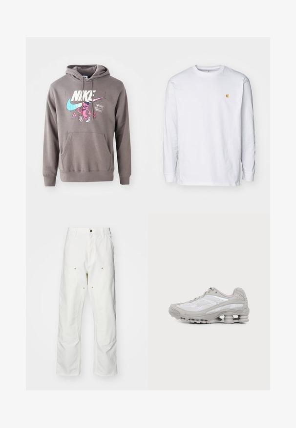 Grauer Hoodie mit einer Fronttasche, ausgestattet mit einem großen weißen Nike-Logo, einem pinken Charaktergrafik und hellblauen Akzenten. Weiches Material, verstellbare Kapuze.; Weißes Langarm-T-Shirt aus Baumwolle. Mit kleinem goldenem Logo auf der Brust und Rundhalsausschnitt. Einfaches Design und normale Passform.; Weiße Baumwoll-Cargohose mit lockerer Passform. Zu den Merkmalen gehören Fronttaschen, goldfarbene Hardware-Akzente und verstärkte Kniebereiche.; Grauer und weißer Sportschuh mit sichtbarer Luftpolstersohle und Mesh-Einsätzen, im Profil auf einfachem hellem Hintergrund gezeigt.