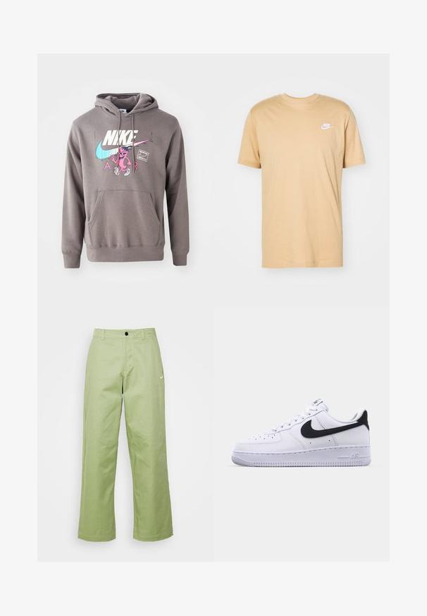 Sudadera gris con un bolsillo frontal, que presenta un gran logo blanco de Nike, un gráfico de un personaje en rosa y acentos en azul claro. Material suave, capucha ajustable.; Camiseta de algodón color beige con cuello redondo, mangas cortas y un logotipo blanco de Nike en el lado izquierdo del pecho. Textura suave, diseño casual.; Pantalones de pierna ancha de color verde claro, hechos de una tela suave, con cierre de botón y un pequeño logo de Nike en la parte delantera.; Zapatilla blanca de cuero con un Swoosh negro texturizado, cordones planos y una suela de goma con un patrón estriado. "AIR" está grabado en el talón.