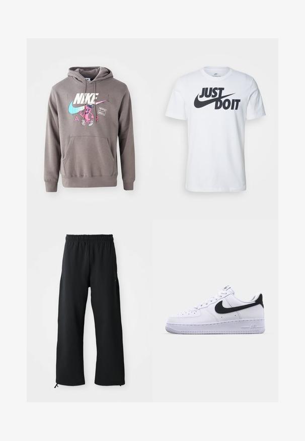 Sivá mikina s kapucňou a predným vreckom, s veľkým bielym logom Nike, ružovou grafiku postavy a svetlomodrými detailmi. Mäkký materiál, nastaviteľná kapucňa.; Biely bavlnený tričko s výrazným čiernym logom "Just Do It" a Nike swoosh. Klasický strih s okrúhlym výstrihom a krátkymi rukávmi.; Čierne voľné nohavice vyrobené z jemnej látky, s elastickým pásom a šnúrkou, so bočnými vreckami a hladkou textúrou.; Biele kožené tenisky s textúrovaným čiernym Swooshom, plochými šnúrkami a gumovou podrážkou s ryhovaným vzorom. Na päte je embosovaný nápis "AIR".