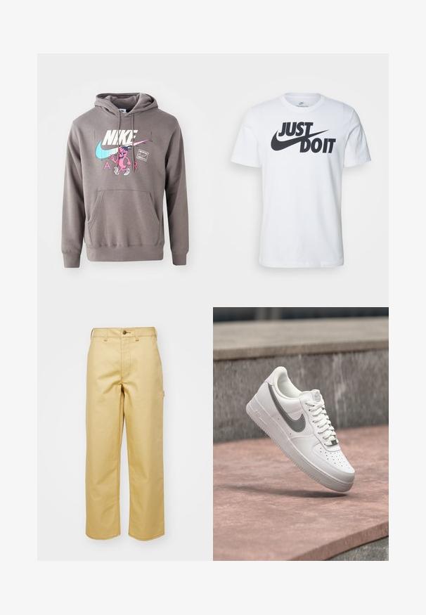 Grauer Hoodie mit einer Fronttasche, ausgestattet mit einem großen weißen Nike-Logo, einem pinken Charaktergrafik und hellblauen Akzenten. Weiches Material, verstellbare Kapuze.; Weißes Baumwoll-T-Shirt mit einem auffälligen schwarzen "Just Do It"-Logo und Nike-Swoosh. Klassisches Rundhalsausschnitt-Design mit kurzen Ärmeln.; Beige, weit geschnittene Hose aus Baumwolle mit einem Knopfverschluss vorne, Gürtelschlaufen und Seitentaschen. Glatte Textur mit sichtbaren Nähdetails.; Weißer Nike Air Force 1 Sneaker mit grauem Swoosh-Logo, der über einer Steinoberfläche und einem grauen Steinwandhintergrund schwebt.