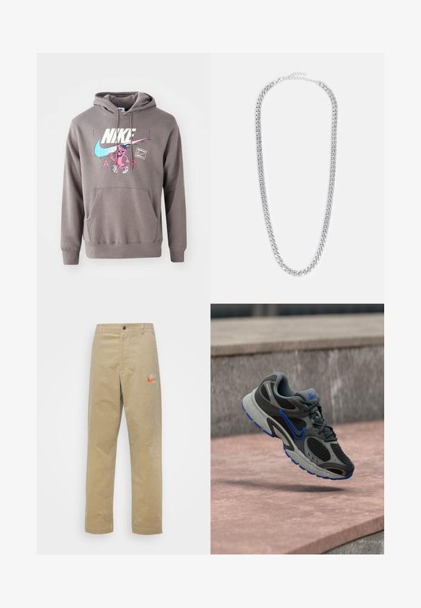 Grauer Hoodie mit einer Fronttasche, ausgestattet mit einem großen weißen Nike-Logo, einem pinken Charaktergrafik und hellblauen Akzenten. Weiches Material, verstellbare Kapuze.; Nike Sportswear TREND PANT - Stoffhose - khaki/team orange/khaki; Grauer und schwarzer Nike Laufschuh mit blauen Akzenten, der über Steinstufen im Freien schwebt.; Kette aus silbernem Metall mit ineinandergreifenden Gliedern, einer glatten Textur und einem verstellbaren Verschluss zur Anpassung der Länge.