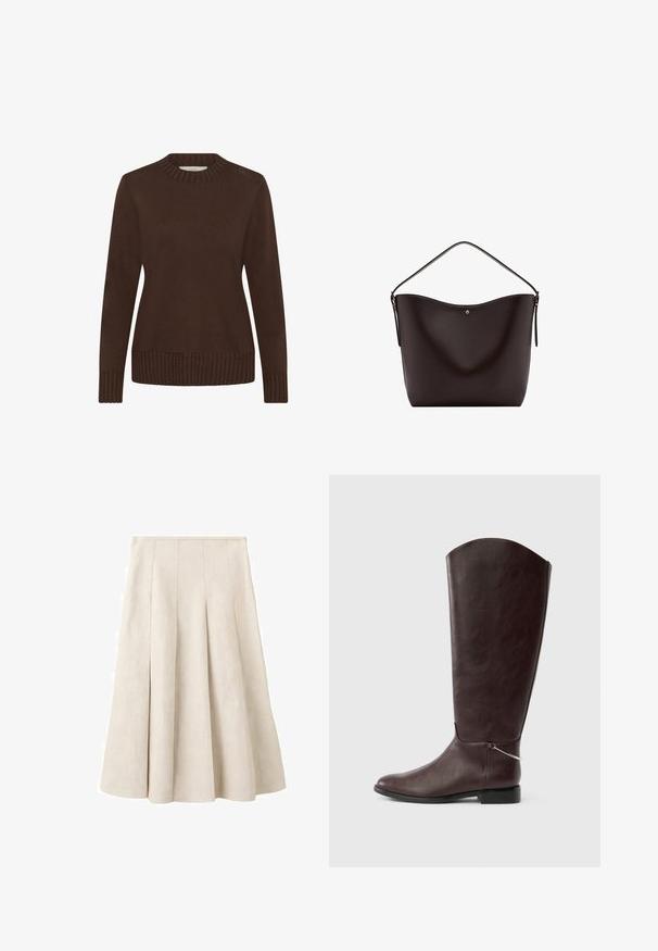 Suéter marrón con cuello redondo acanalado, mangas largas y dobladillo acanalado. Textura suave y diseño sencillo, adecuado para uso casual.; Una falda beige hasta la rodilla con pliegues, hecha de un tejido texturizado. Presenta una cintura ajustada y una silueta en línea A fluida.; Bota de cuero marrón oscuro hasta la rodilla, con tacón plano y un pequeño colgante decorativo plateado cerca del tobillo, sobre un fondo blanco.; Bolso bandolera de cuero marrón oscuro con una sola correa y un pequeño detalle de botón dorado en el centro del frente.
