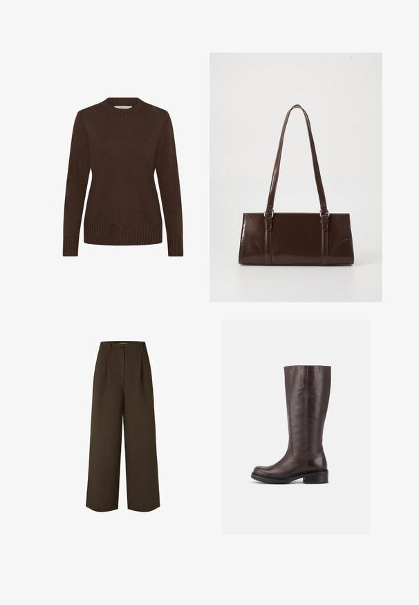 Pull marron avec un col rond côtelé, des manches longues et un ourlet côtelé. Texture douce et design simple, adapté pour une tenue décontractée.; Pantalon à taille haute et jambes larges, couleur brun foncé, avec passants pour ceinture, bouton devant et plis, adapté pour une tenue formelle ou décontractée.; Botte haute en cuir marron foncé avec un talon bloc bas et un bout arrondi, vue de côté sur un fond blanc uni.; Sac à main en cuir verni marron de forme rectangulaire, avec deux longues poignées et des accents courbés subtils à l'avant.