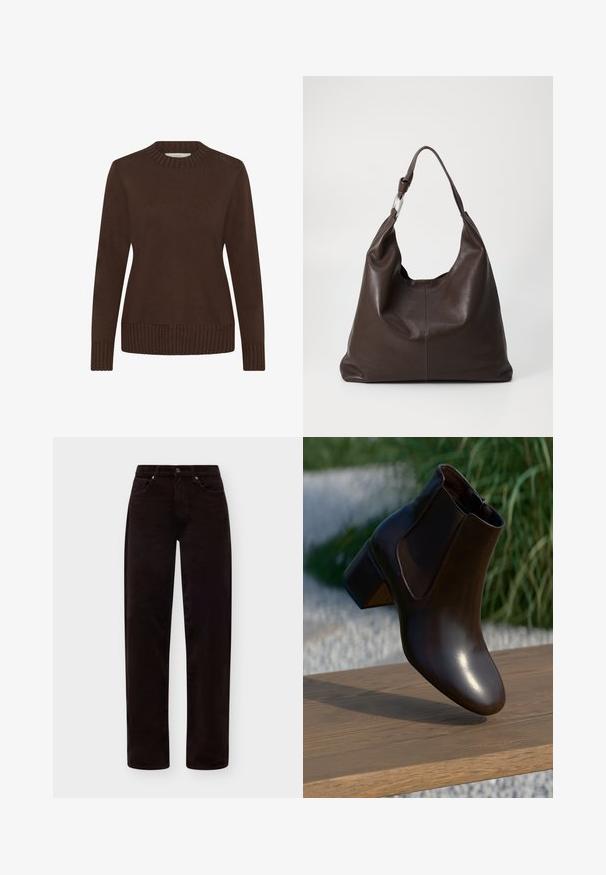 Suéter marrón con cuello redondo acanalado, mangas largas y dobladillo acanalado. Textura suave y diseño sencillo, adecuado para uso casual.; Pantalones de pana marrón oscuro con cierre de botón y cremallera, bolsillos delanteros y corte recto, mostrados sobre un fondo liso.; Botín de cuero marrón con punta redonda y un tacón bajo en bloque, que presenta paneles laterales elásticos y un acabado suave y brillante.; Zign by Zalando LEATHER - Bolso shopping - chocolate brown