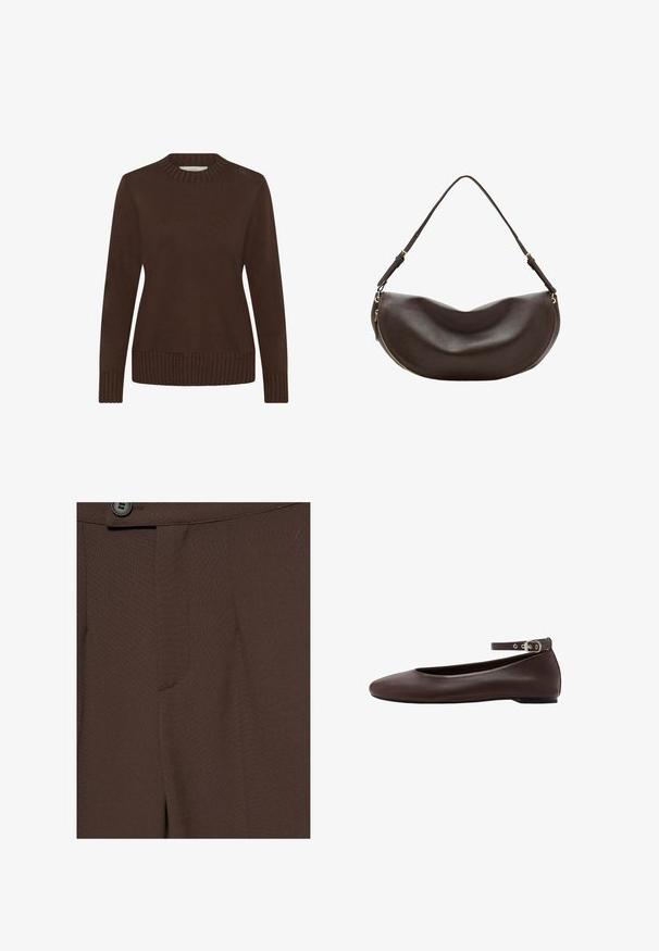 Pull marron avec un col rond côtelé, des manches longues et un ourlet côtelé. Texture douce et design simple, adapté pour une tenue décontractée.; Gros plan sur un pantalon marron foncé sur mesure avec un bouton et une ceinture visibles en haut.; Chaussure plate marron foncé avec bout arrondi et bride de cheville réglable avec boucle argentée sur fond blanc.; Sac à bandoulière en cuir marron foncé avec une forme courbée, une sangle réglable et une fermeture éclair dorée le long du bord inférieur.