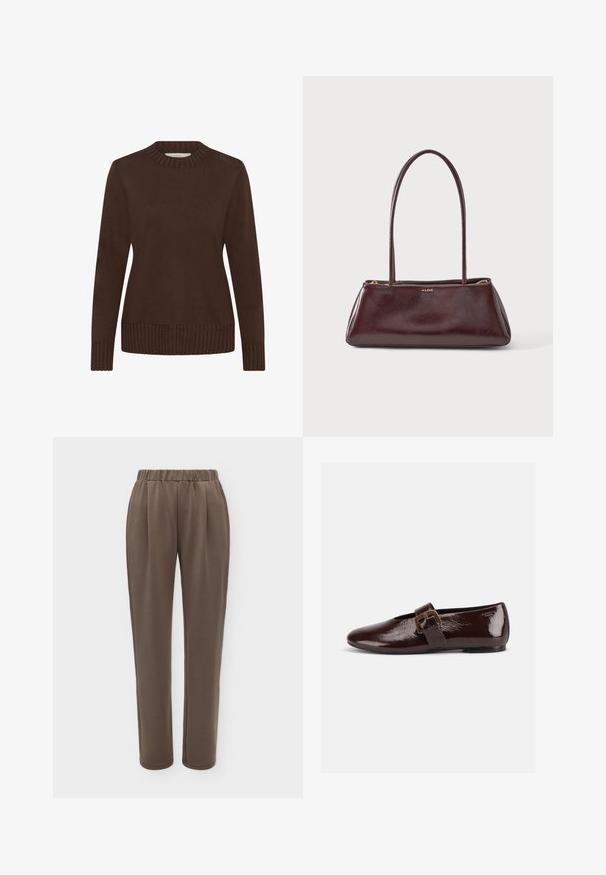 Suéter marrón con cuello redondo acanalado, mangas largas y dobladillo acanalado. Textura suave y diseño sencillo, adecuado para uso casual.; Pantalones marrones de pierna recta con cintura elástica y pliegues sutiles en la parte delantera.; Zapato plano de charol marrón oscuro con una gran hebilla dorada y puntera redondeada, mostrado de perfil sobre un fondo blanco.; Bolso de mano rectangular de cuero marrón oscuro con correas largas y delgadas y cierre dorado, con la marca ALDO en el centro frontal.