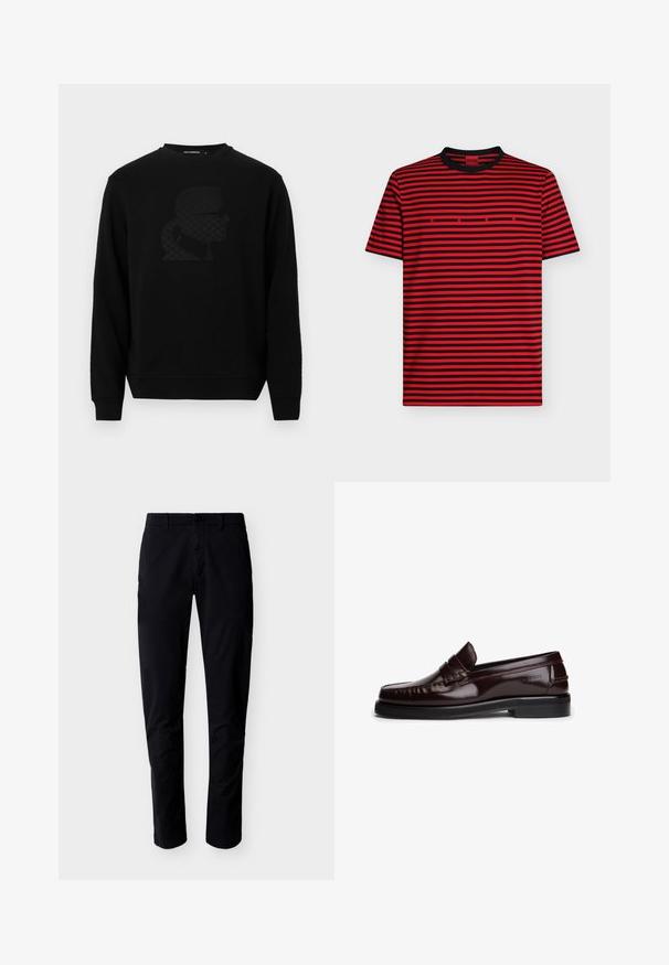 Sort sweatshirt med rund halsudskæring, prydet med et hævet sort silhuetdesign på forsiden, lavet af et blødt, struktureret stof.; Rød og sort horisontalt stribet t-shirt med korte ærmer, sort krave og lille rød "HUGO" tekst centreret på brystet.; Sorte, slanke bukser med bæltestropper, frontknap og lynlås, vist på en hvid baggrund.; Brune læder loafers med en blank finish, dekoreret med syninger, en rem tværs over vampen og en flad gummisål.