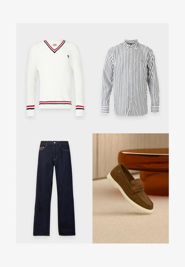 Suéter blanco de punto con cuello en V, con detalles de rayas negras y rojas en el cuello y los puños, y un pequeño gráfico bordado.; Camisa de manga larga con botones, con rayas verticales blancas y negras y un pequeño logo en el pecho izquierdo.; Jeans de mezclilla de color azul oscuro con un diseño de pierna recta. Presenta un cierre frontal con botón, un bolsillo trasero con logo y detalles de costura en color naranja.; Mocasín de ante marrón con suela blanca y detalle metálico, flotando sobre una alfombra clara junto a una pieza de mobiliario redonda y marrón brillante.