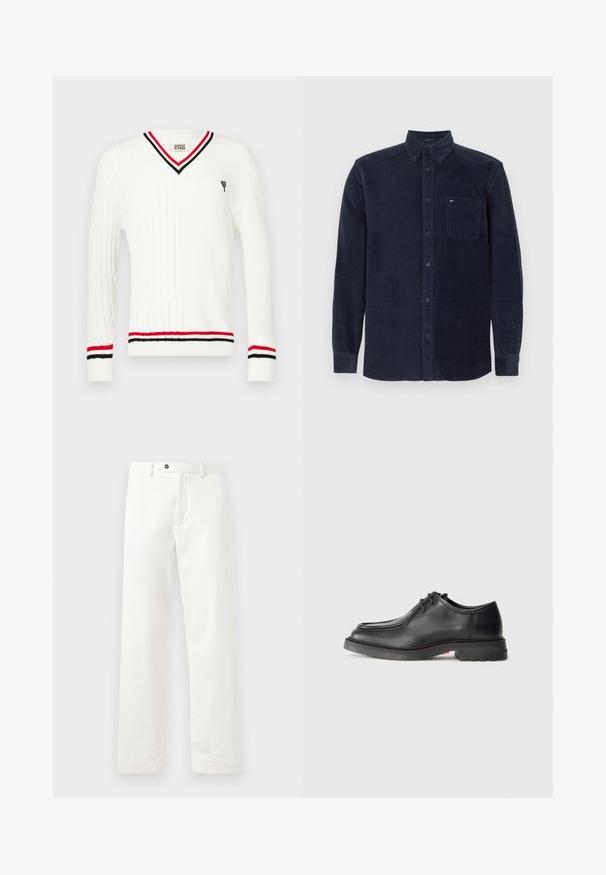 Suéter blanco de punto con cuello en V, con detalles de rayas negras y rojas en el cuello y los puños, y un pequeño gráfico bordado.; Camisa de botones de corduroy azul marino de manga larga, con bolsillo en el pecho y cuello, colocada plana sobre un fondo blanco.; Pantalones blancos a medida de tejido de mezcla de algodón. Presentan un diseño de pierna recta, bolsillos frontales y un cierre de un solo botón.; Zapato de cuero negro con textura suave, punta redonda y costura grabada poco profunda. Suela de goma gruesa con un ligero tacón y patrón de agarre.