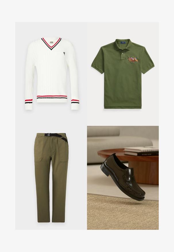 Suéter blanco de punto con cuello en V, con detalles de rayas negras y rojas en el cuello y los puños, y un pequeño gráfico bordado.; Polo de manga corta en verde oliva con tapeta de dos botones y diseño bordado de tres jugadores de polo a caballo en el pecho.; Pantalones de pierna recta color verde oliva con grandes bolsillos delanteros y un cinturón negro ajustable integrado en la cintura.; Zapato mocasín negro de cuero sin cordones levitando sobre una alfombra beige tejida con una mesa de café de madera y libros al fondo.