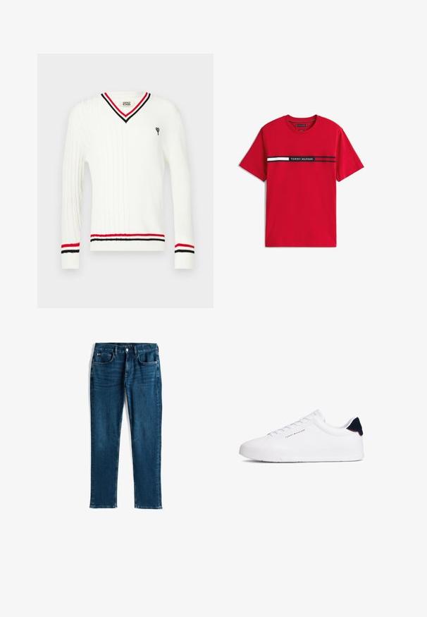 Suéter blanco de punto con cuello en V, con detalles de rayas negras y rojas en el cuello y los puños, y un pequeño gráfico bordado.; Camiseta roja de manga corta con una franja horizontal negra en el pecho que presenta bloques blancos y rojo oscuro y texto "Tommy Hilfiger".; Jeans de mezclilla azul oscuro, diseño de pierna recta, estilo de cinco bolsillos, con un ligero desgastado y costuras en contraste, cierre con botón metálico y cremallera.; Zapatilla deportiva blanca con parte superior de cuero liso, puntera redondeada y suela plana. Cuenta con un detalle en azul marino en el talón y un logotipo discreto en el lateral.