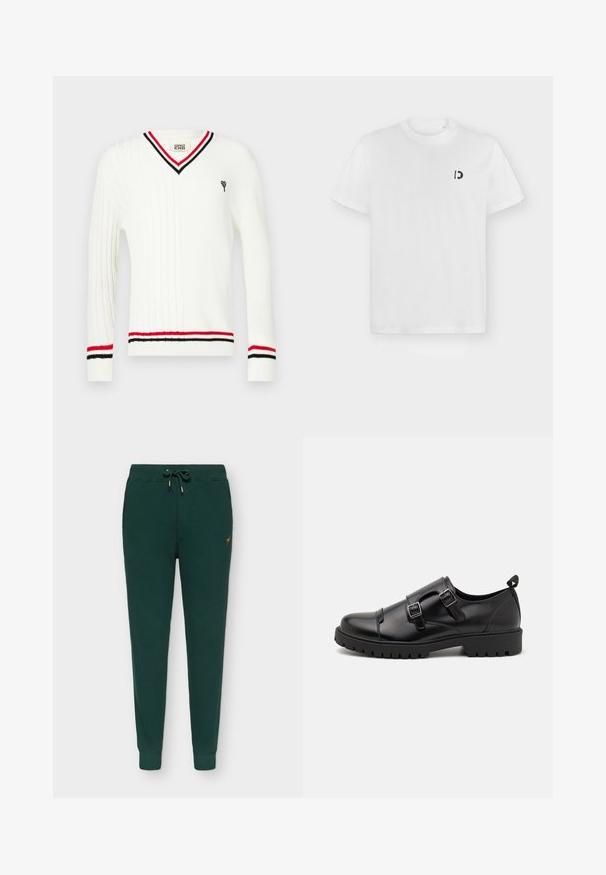 Suéter blanco de punto con cuello en V, con detalles de rayas negras y rojas en el cuello y los puños, y un pequeño gráfico bordado.; Camiseta blanca de manga corta con cuello redondo y pequeño logo negro "D" en el pecho izquierdo sobre un fondo liso gris claro.; Pantalones de chándal verdes de algodón, ajuste tipo tapered, cintura elástica con cordón, puños acanalados, sutil detalle del logo en dorado en el lateral.; Pier One Mocasines elegantes - black