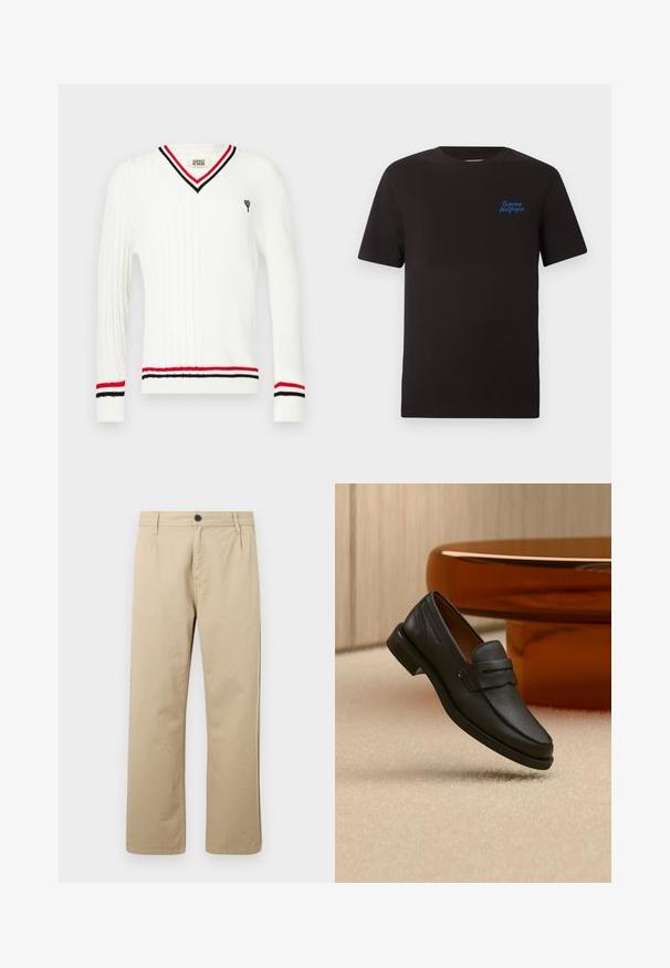 Pull en maille torsadée blanche avec encolure en V, présentant des accents rayés noirs et rouges sur le col et les poignets, ainsi qu'un petit motif brodé.; T-shirt noir à manches courtes et col rond avec un petit logo script "Tommy Hilfiger" bleu sur la poitrine gauche.; Pantalon en coton beige avec une coupe droite. Présente une fermeture à bouton à l'avant et des passants de ceinture. Texture lisse sans motifs ni accents.; Mocassin homme en cuir noir avec une bande sur le dessus, présenté sur un tapis beige près d'une table ronde moderne marron.