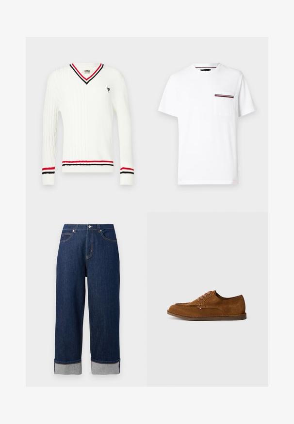 Pull en maille torsadée blanche avec encolure en V, présentant des accents rayés noirs et rouges sur le col et les poignets, ainsi qu'un petit motif brodé.; T-shirt blanc à manches courtes avec col rond et poche poitrine avec un détail de fines rayures rouges et noires.; Jean large bleu marine avec ourlets à revers, bouton frontal et couture contrastante sur fond blanc uni.; Chaussure en daim marron avec un bout arrondi, des coutures décoratives et six œillets de lacets contrastants. Semelle plate et design minimaliste.