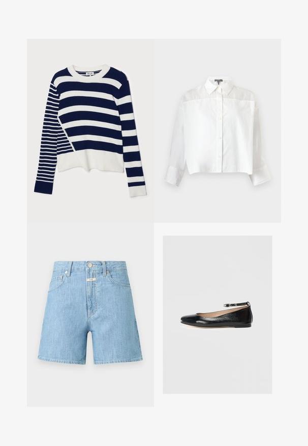 Baum und Pferdgarten CENTA - Pullover - navy/creme; Chemise blanche à manches longues avec boutons, col pointu et ourlet légèrement raccourci, présentée sur un fond clair uni.; Short en denim bleu clair avec bouton devant, passants pour ceinture, poches avant et poche monnaie, présenté sur un fond uni.; Ballerines noires en cuir avec un bout rond, une bride à la cheville et un petit talon. Texture lisse et design minimaliste.
