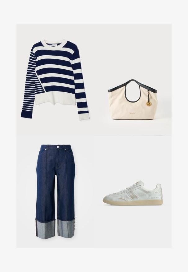 Baum und Pferdgarten CENTA - Pullover - navy/creme; Jeans wide-leg bleu foncé avec des poignets repliés montrant un denim plus clair à l'intérieur, bouton avant et poches sur un fond blanc.; Baskets basses blanches avec semelle beige, fermeture à lacets sur le devant, petits plis subtils et logo "MICHAEL KORS" près du talon côté extérieur.; Sac cabas en toile beige avec bordure et poignées noires, orné d'un médaillon rond doré avec le logo MK suspendu sur un côté.