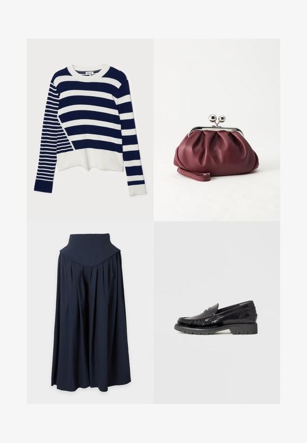 Baum und Pferdgarten CENTA - Pullover - navy/creme; Jupe longue taille haute bleu marine foncé avec une large ceinture et des plis doux, s'étendant jusqu'à un ourlet longueur totale.; Mocassin en cuir noir avec dessus de style mocassin, détails à franges texturées, et semelle épaisse en caoutchouc noir. Finition lisse, bout arrondi.; Petit sac pochette en cuir bordeaux avec fermoir métallique argenté et bracelet sur fond blanc.